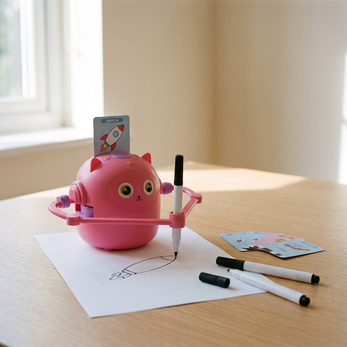 The pink Scribble Bot drawing a rocket on paper on a timber table