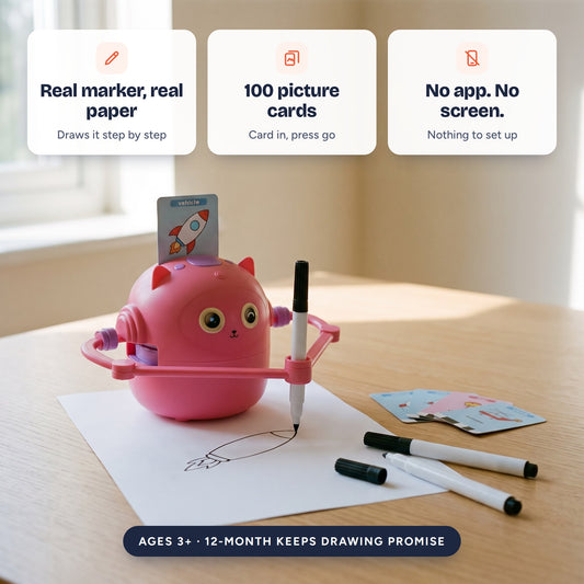 The Scribble Bot drawing a rocket from a picture card: real marker, real paper; 100 picture cards; no app, no screen. Ages 3+, 12-month Keeps Drawing Promise.