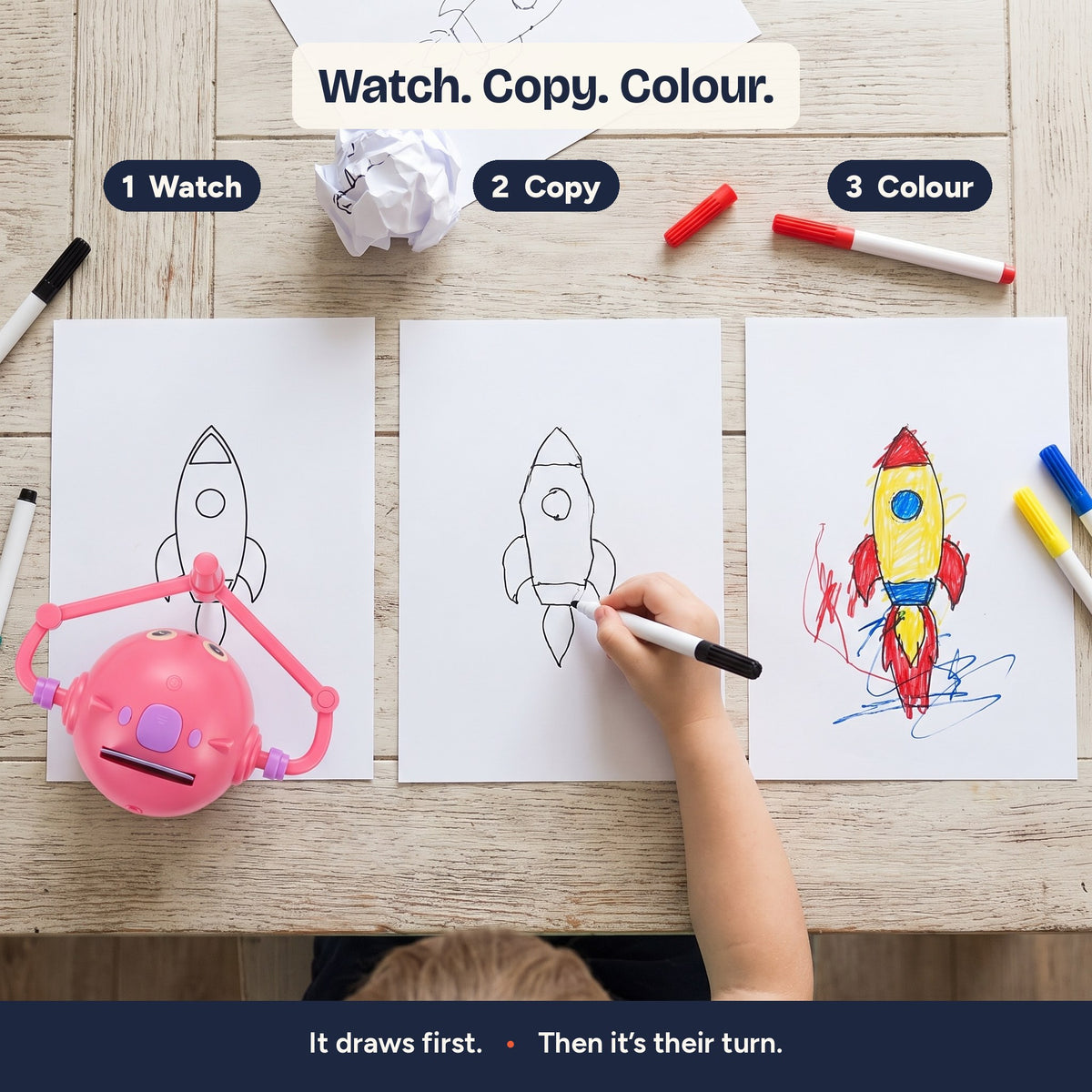 Top-down: the robot draws a rocket, a child copies it, then colours it