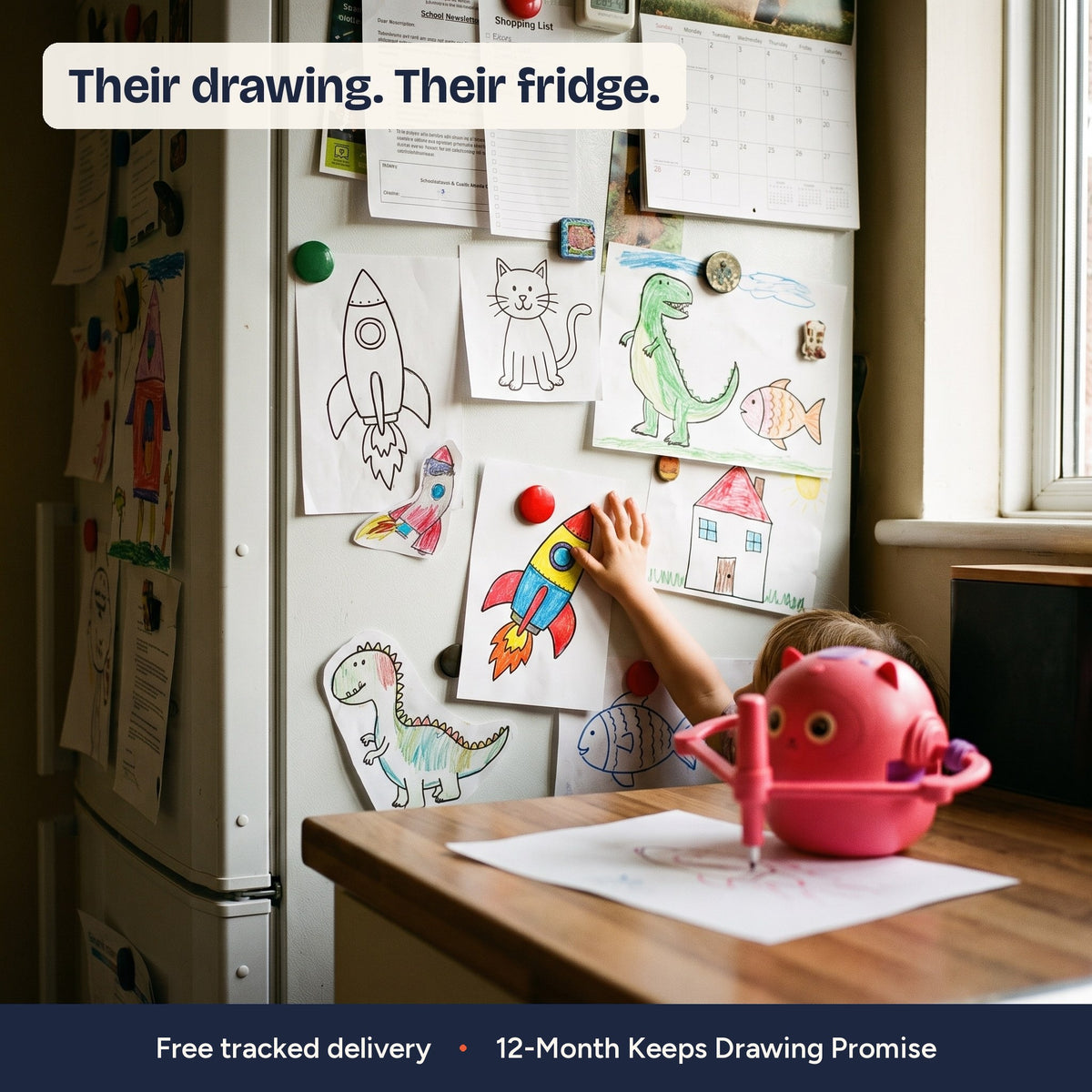 A fridge covered in the children’s drawings