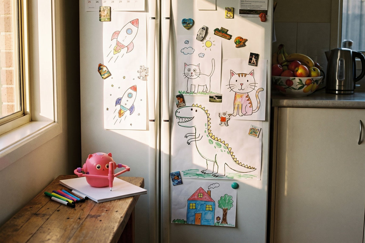A fridge covered in children’s drawings of rockets, cats and a dinosaur